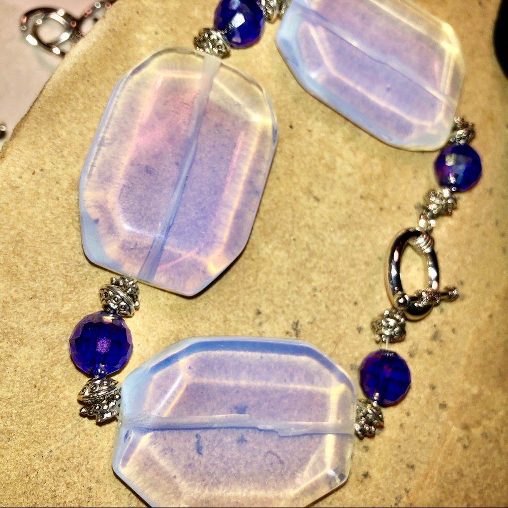 Chunky Opalite & Blue Glass Crystal Boho Bracelet - Picture 1 of 6